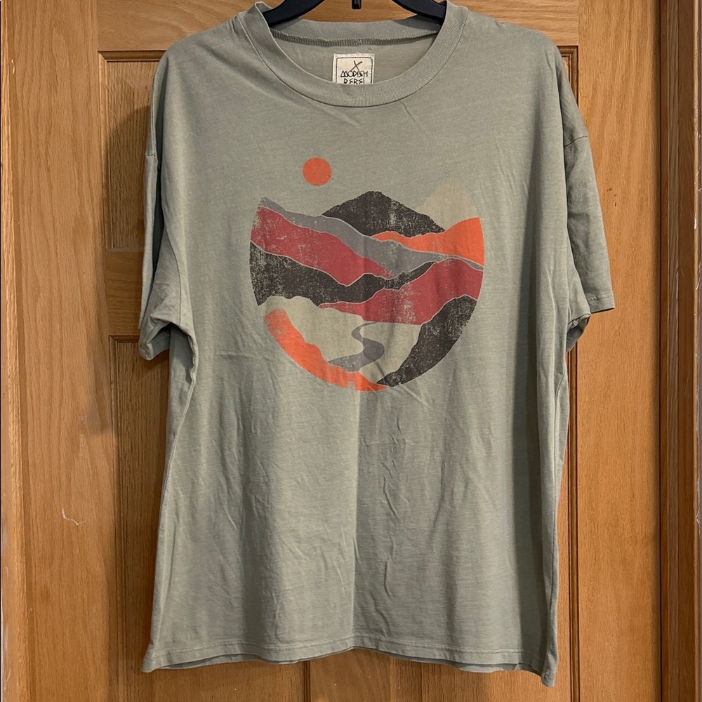Light Sage Graphic Tee with Mountain Sunset Print